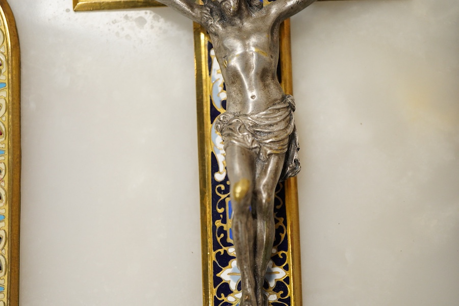 A French champleve enamel, alabaster and silvered bronze ‘benitier’, 36cm